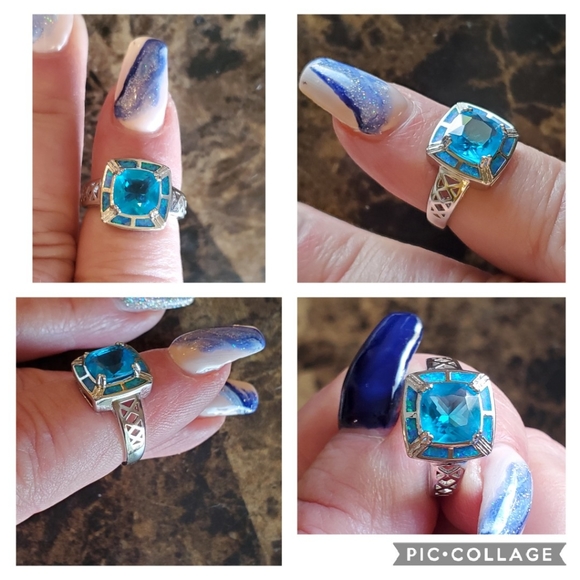 Genuine 3ct Blue Topaz/Opal inlay Ring Size 6 - Picture 4 of 8